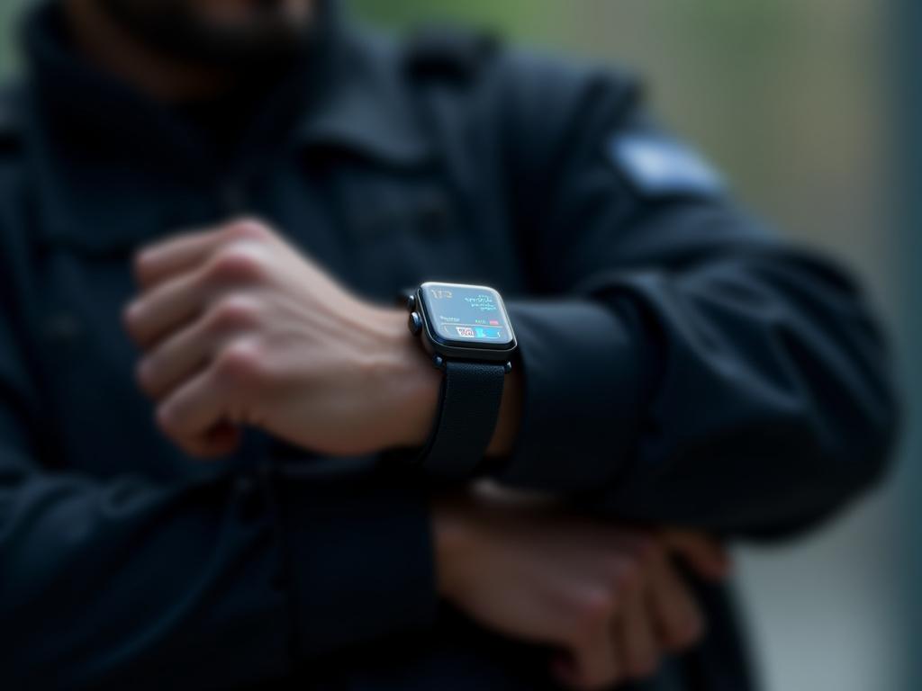 Agent de sécurité utilisant un dispositif portable intelligent (smartwatch) pour la surveillance