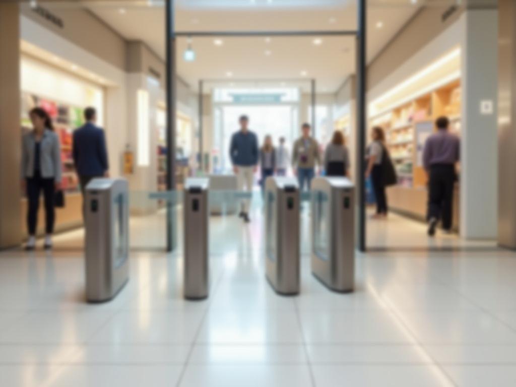 Portique de sécurité moderne à l'entrée d'un magasin avec des passants