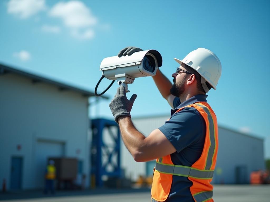 Technicien installant une caméra de sécurité professionnelle sur un site industriel